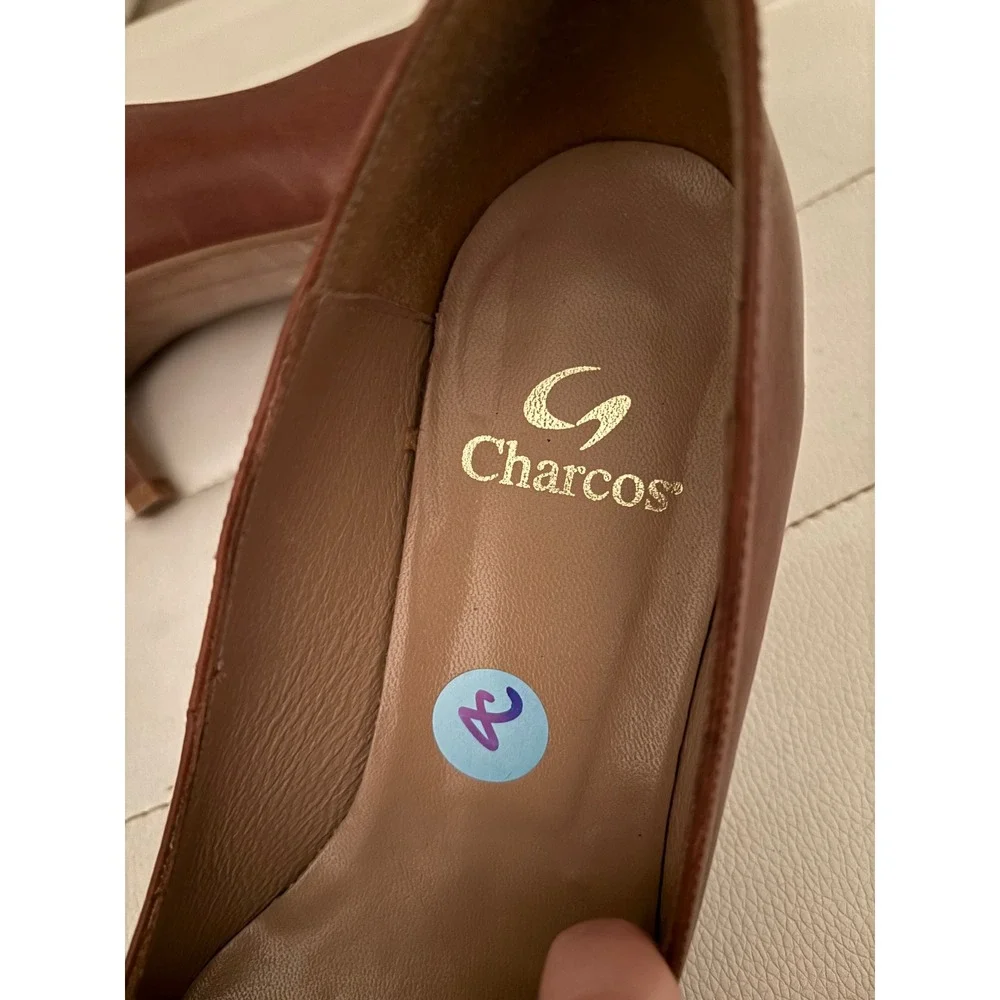 Charcos Brown Leather Kitten Heels Made in Spain Pointed‎ Toe Buckle Detail 38